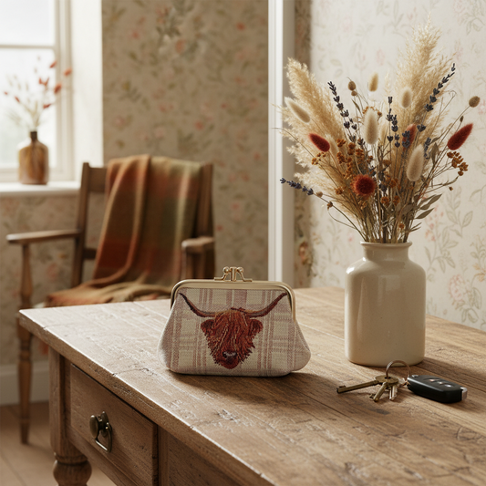 Highland Cow Frame Purse displayed on rustic hall table in cottage lifestyle setting