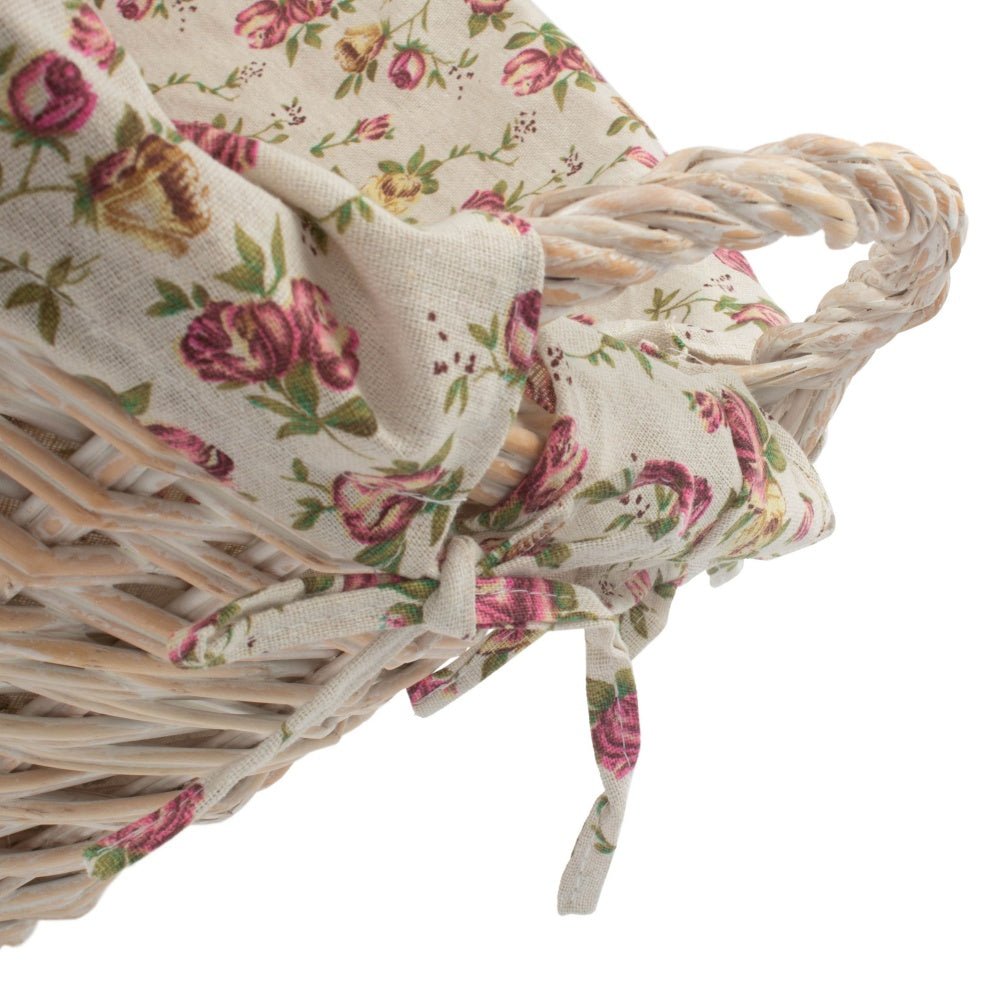 Iford Linen Keeper – White Wash Wicker Laundry Basket with Vintage Rose Lining - The Timeless Trading Co.