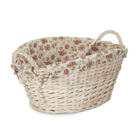 Iford Linen Keeper – White Wash Wicker Laundry Basket with Vintage Rose Lining - The Timeless Trading Co.