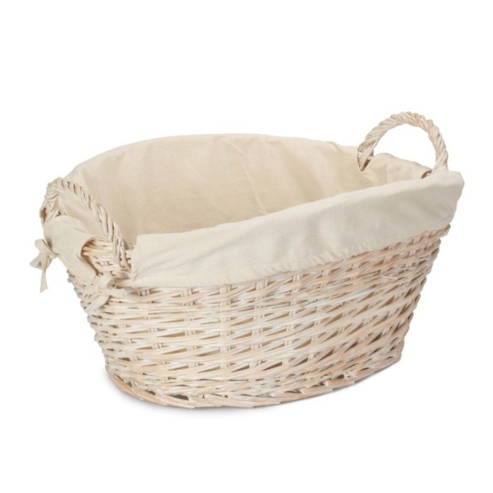Iford Linen Keeper – White Wash Wicker Laundry Basket with Vintage Rose Lining - The Timeless Trading Co.