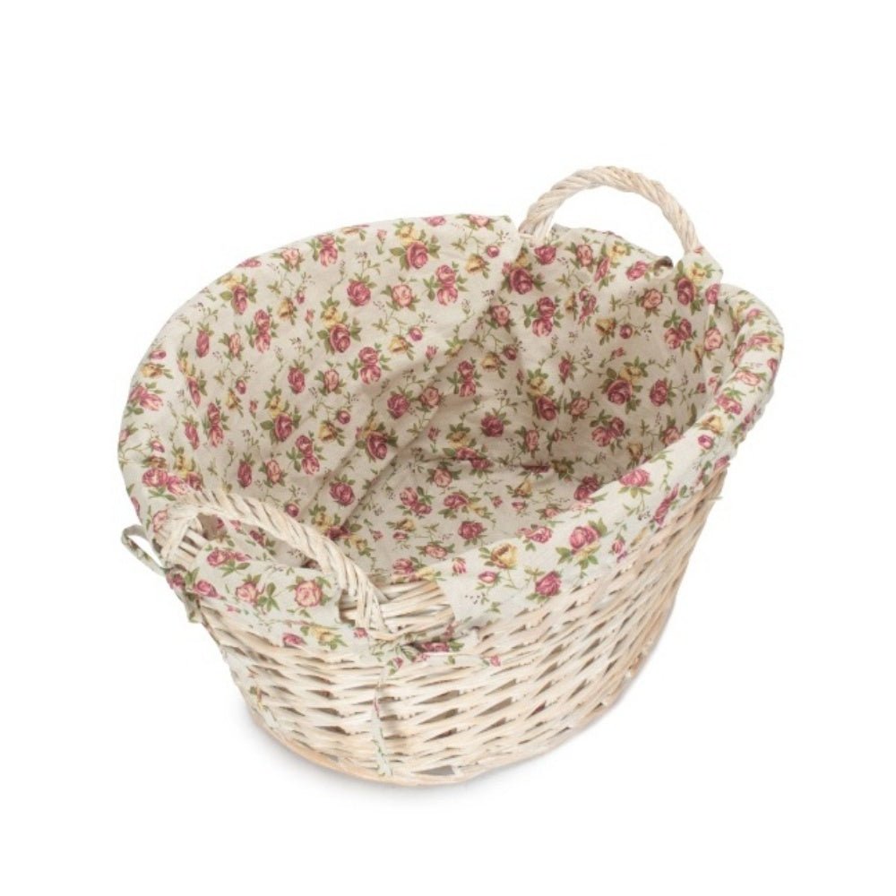 Iford Linen Keeper – White Wash Wicker Laundry Basket with Vintage Rose Lining - The Timeless Trading Co.