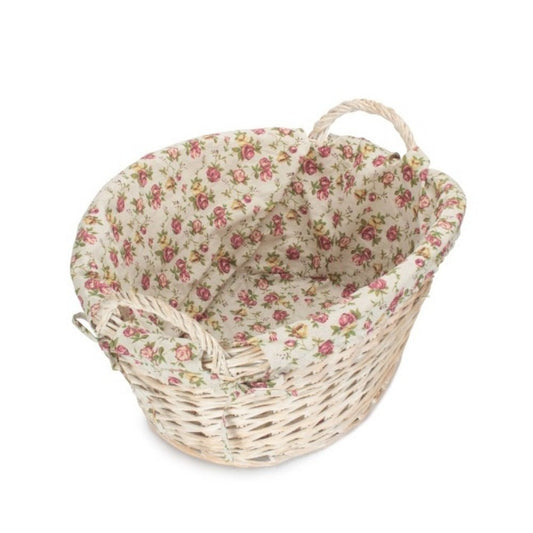 Iford Linen Keeper – White Wash Wicker Laundry Basket with Vintage Rose Lining - The Timeless Trading Co.