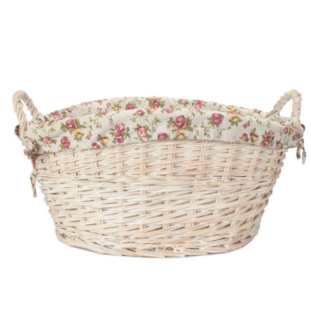 Iford Linen Keeper – White Wash Wicker Laundry Basket with Vintage Rose Lining - The Timeless Trading Co.