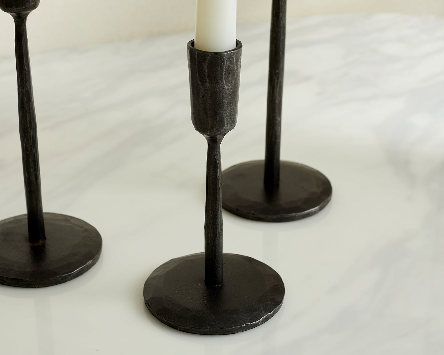Keswick iron candle trio wrought black holders set close view from another angle showing detail