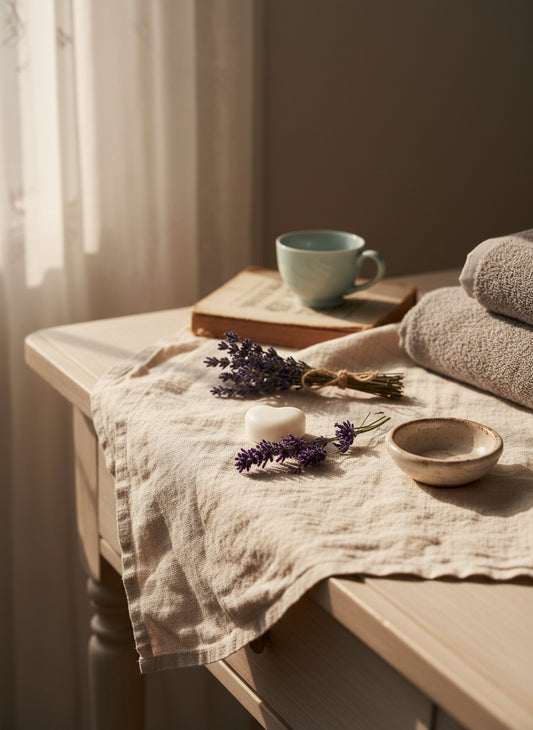 Single lavender ylang ylang wax melt with organic essential oils displayed on rustic table