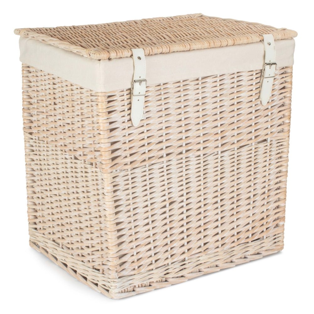 Closed white wicker laundry hamper from Edith’s Washday collection, featuring hinged lid and faux leather straps — evokes vintage charm and soulful home organisation.
