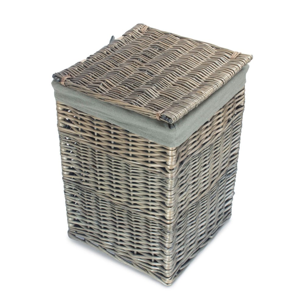 Melford Laundry Keeper – Antique Wash Square Basket with Grey Sage Lining - The Timeless Trading Co.