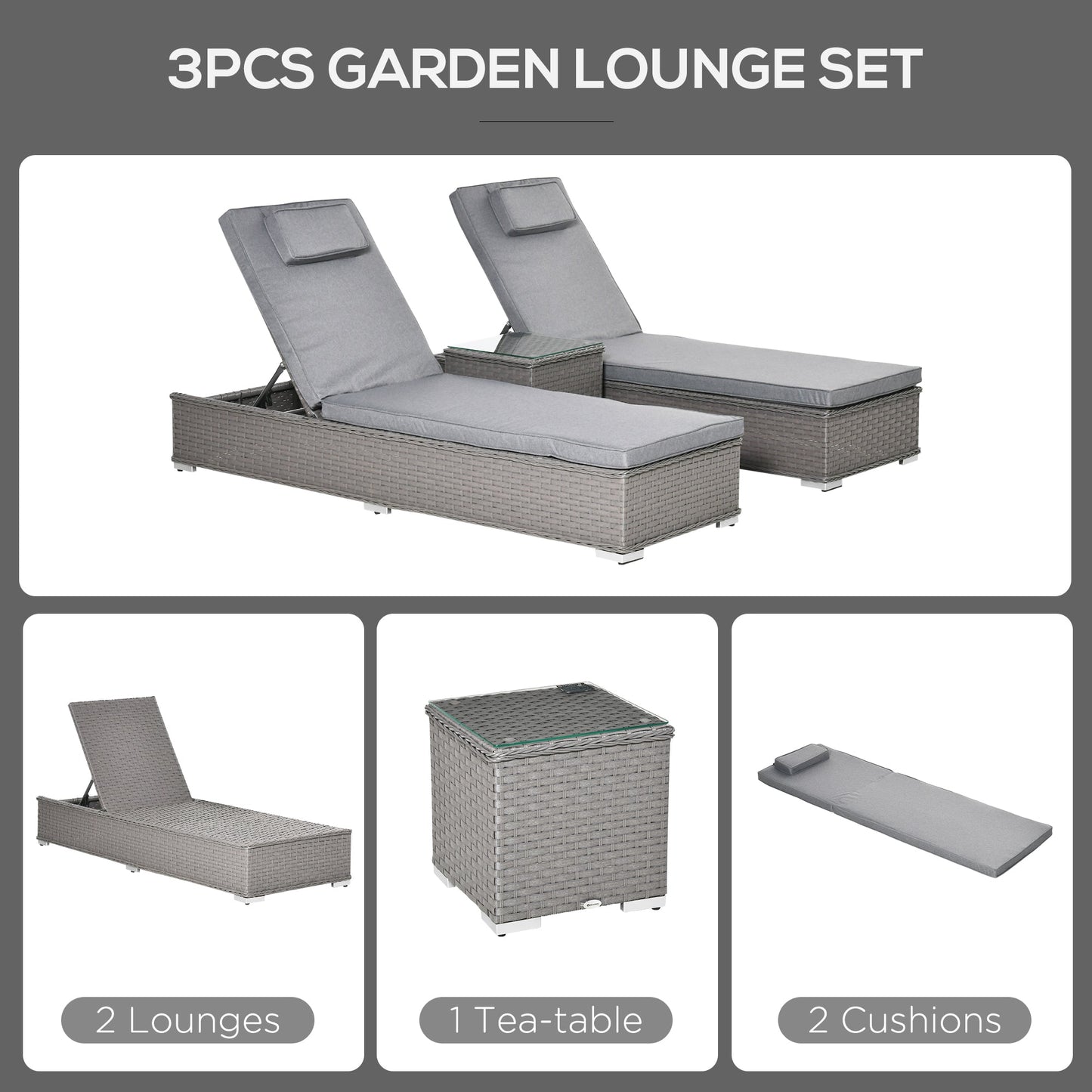The Mottisfont Lounging Trio – full view of 3-piece outdoor rattan sun lounger set in weathered grey, including two reclining loungers and a tempered glass side table styled together