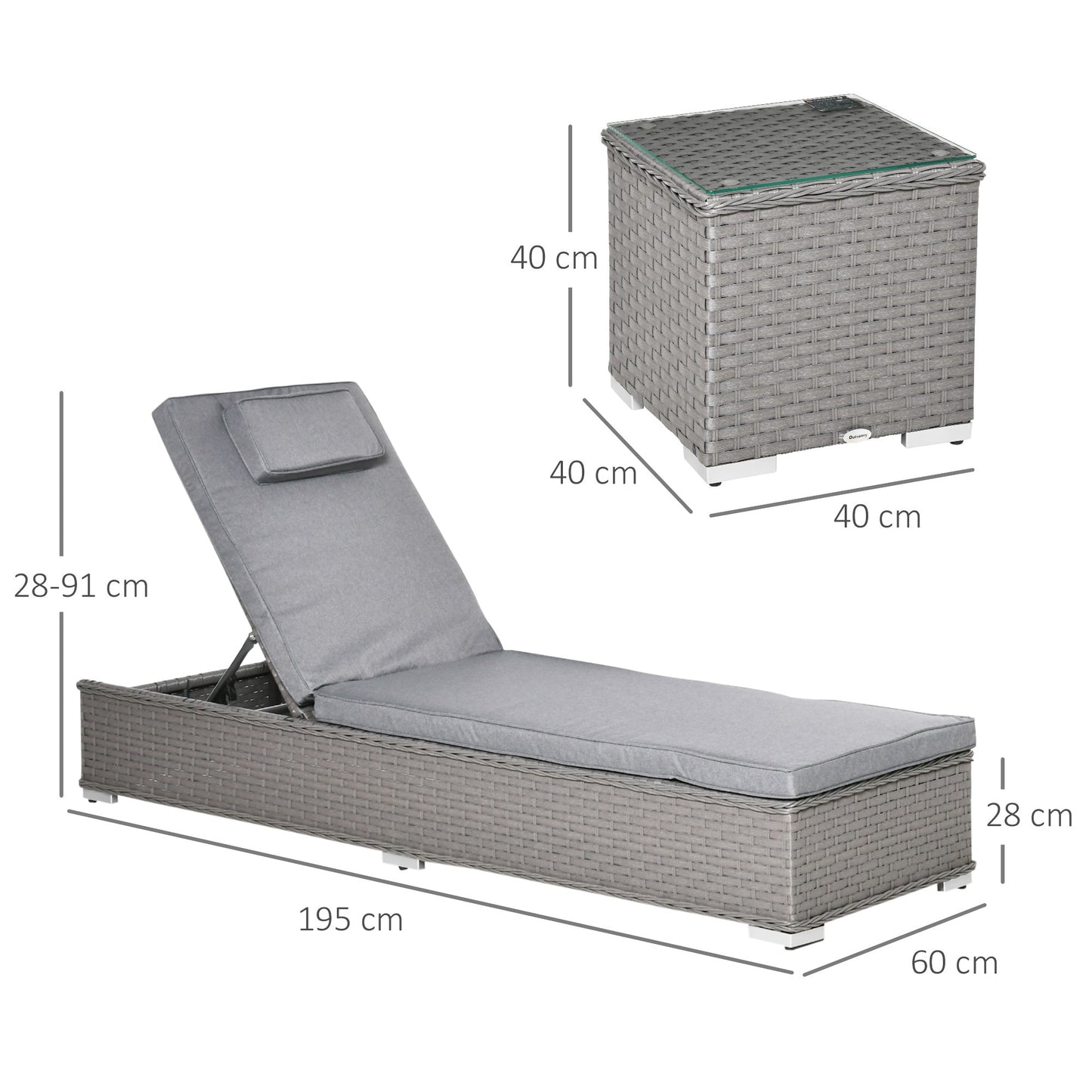 The Mottisfont Lounging Trio – side view of 3-piece outdoor rattan sun lounger set in weathered grey, showing reclining lounger, side table and the dimensions.
