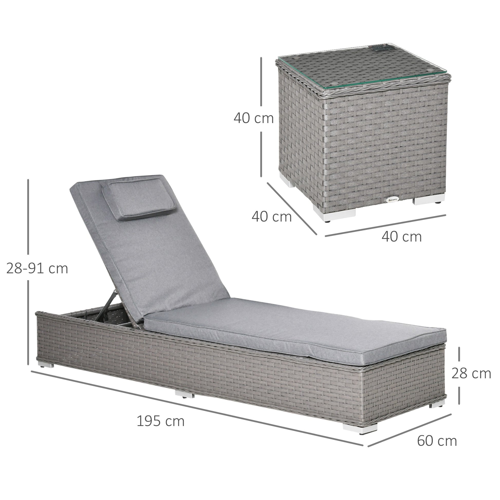 The Mottisfont Lounging Trio – side view of 3-piece outdoor rattan sun lounger set in weathered grey, showing reclining lounger, side table and the dimensions.