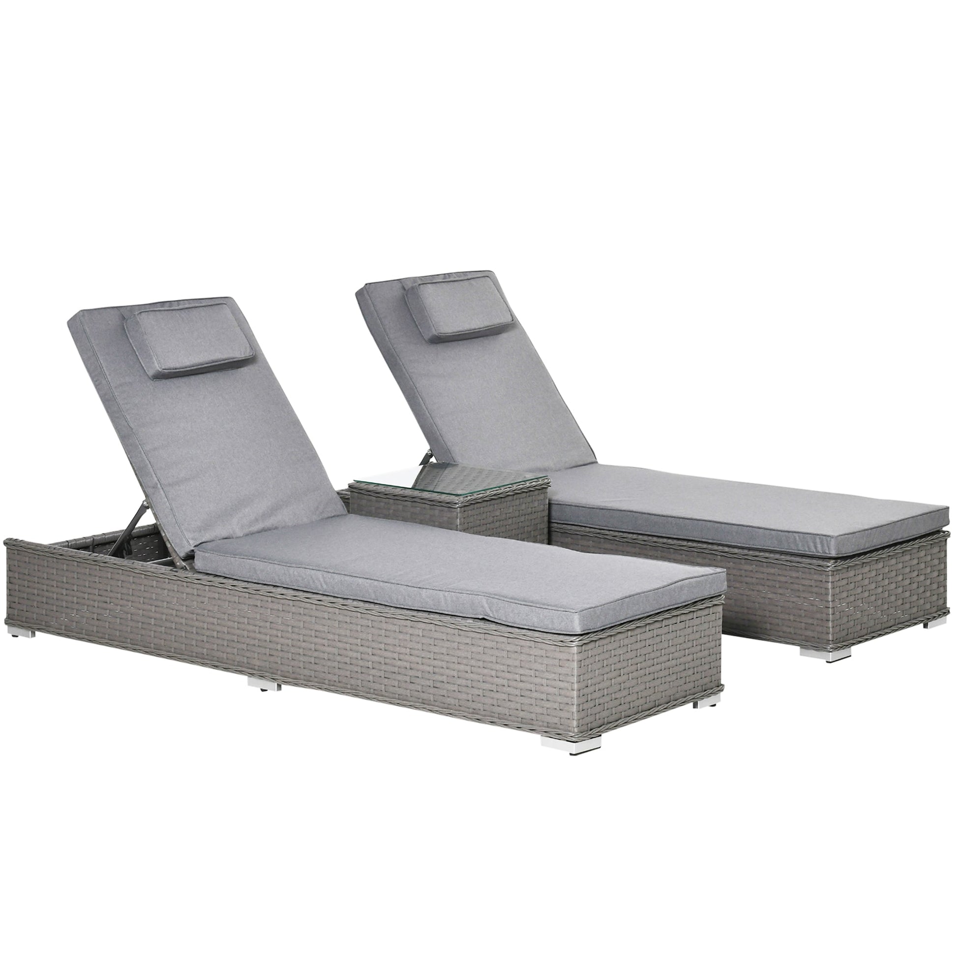 The Mottisfont Lounging Trio – 3-piece outdoor rattan sun lounger set in weathered grey, featuring two reclining loungers and a side table on a blank background