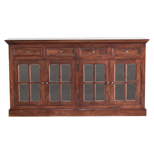 Angled view of cherry-glazed sideboard crafted from solid mango wood with four glazed doors and drawers, part of The Osborne Collection, measuring 165cm wide × 38cm deep × 90cm high