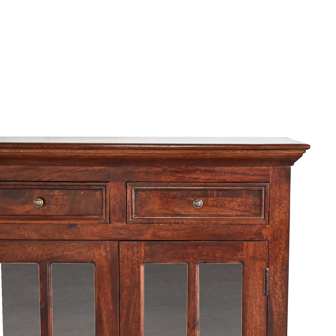 Close-up view of drawer detail on cherry-glazed sideboard crafted from solid mango wood, part of The Osborne Collection, showing glazed cabinet and drawer fronts, approx. 165cm wide × 38cm deep × 90cm high