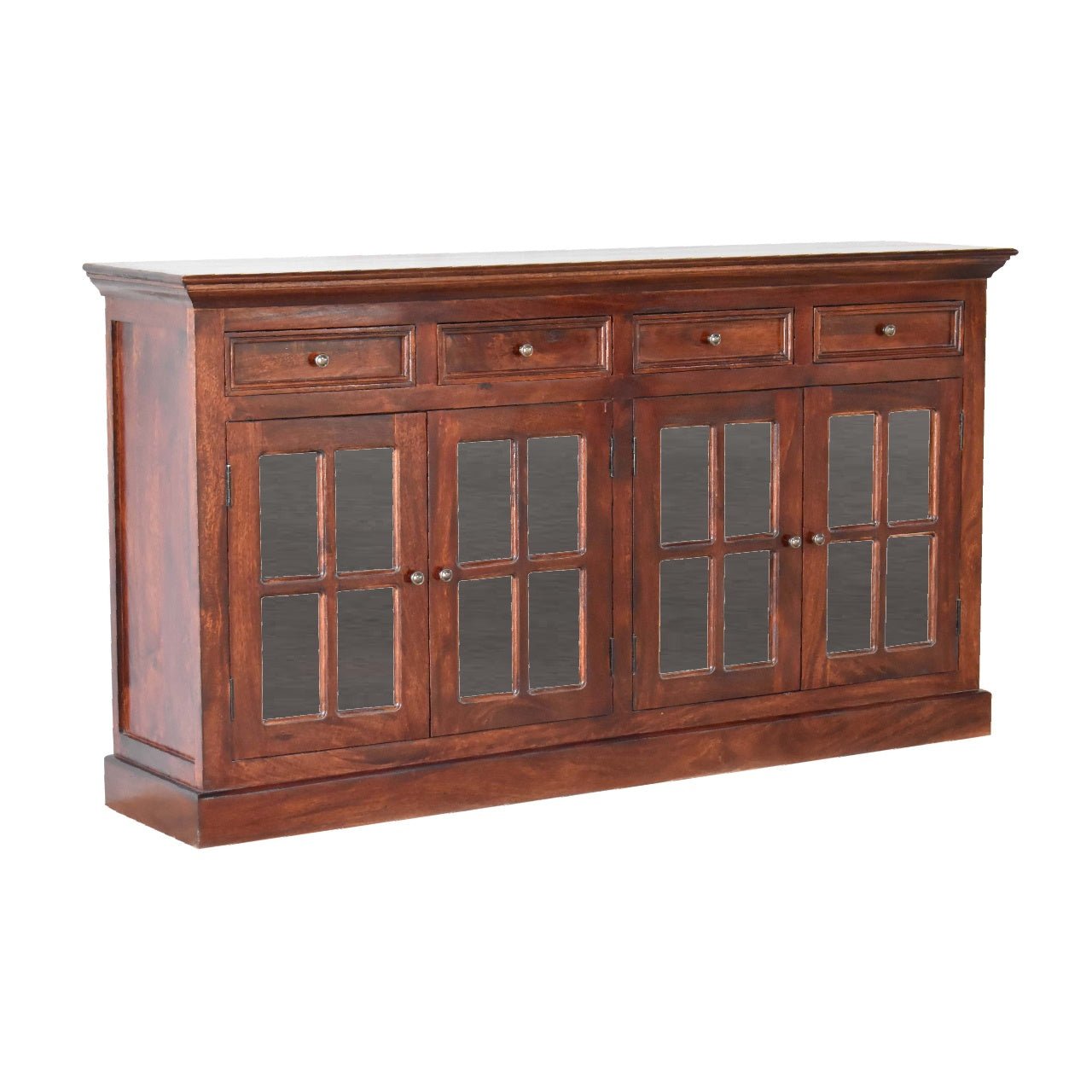 Front view of cherry-glazed sideboard crafted from solid mango wood with four glazed doors and drawers, part of The Osborne Collection, measuring 165cm wide × 38cm deep × 90cm high