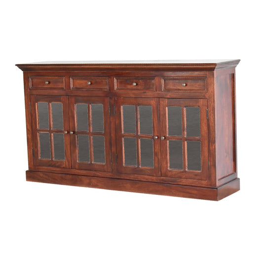 Large cherry-glazed sideboard crafted from solid mango wood with four glazed doors and drawers, part of The Osborne Collection, measuring 165cm wide × 38cm deep × 90cm high