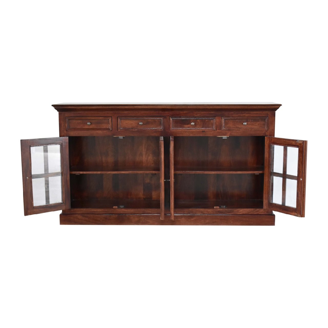 Front view of cherry-glazed sideboard with doors open, crafted from solid mango wood, part of The Osborne Collection, showing interior cabinet space, approx. 165cm wide × 38cm deep × 90cm high