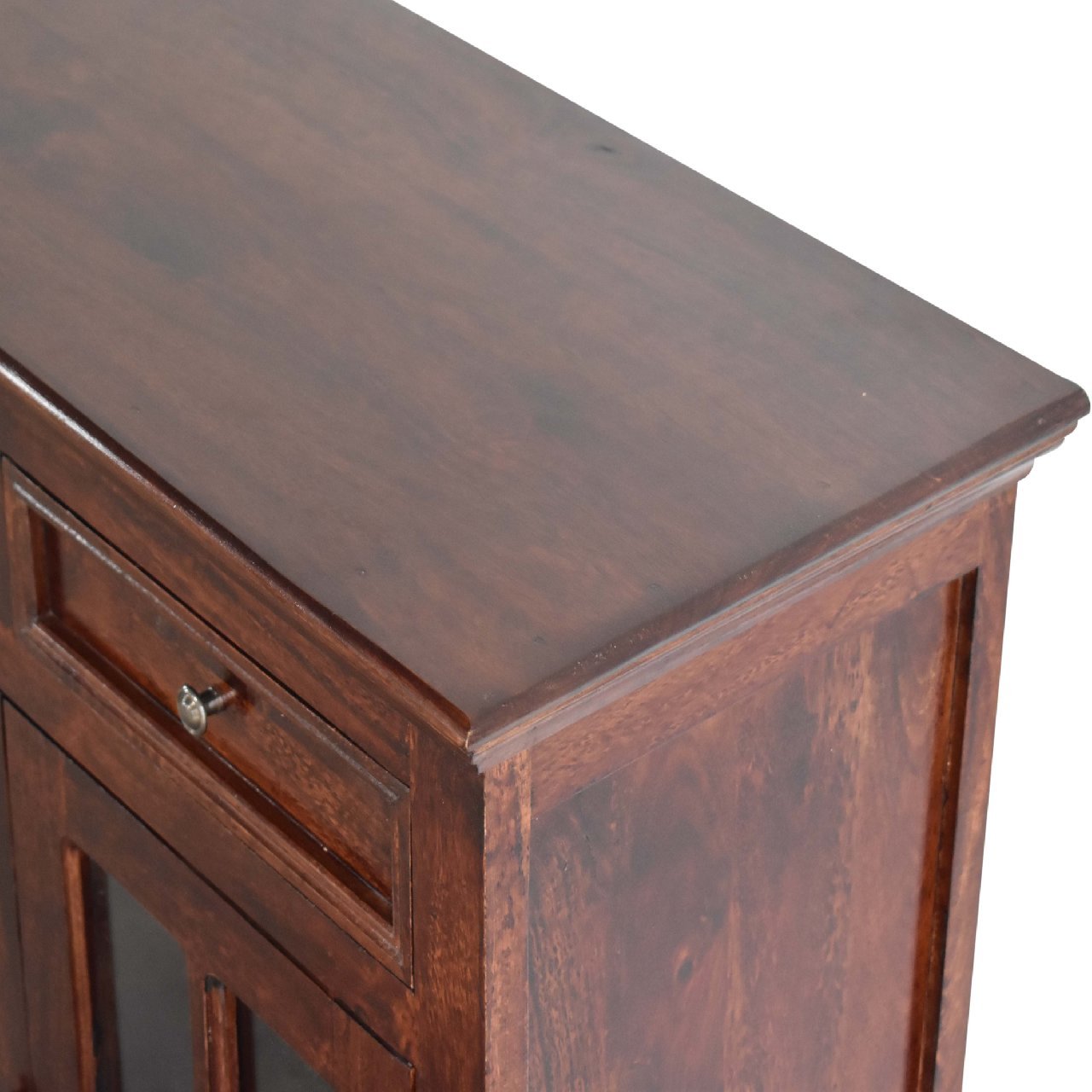 Top-down view of cherry-glazed sideboard crafted from solid mango wood with four glazed doors and drawers, part of The Osborne Collection, measuring 165cm wide × 38cm deep × 90cm high