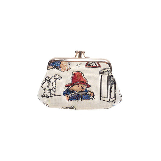 Paddington Bear frame purse in eco tapestry, soft beige tones, clasp top, whimsical heritage style