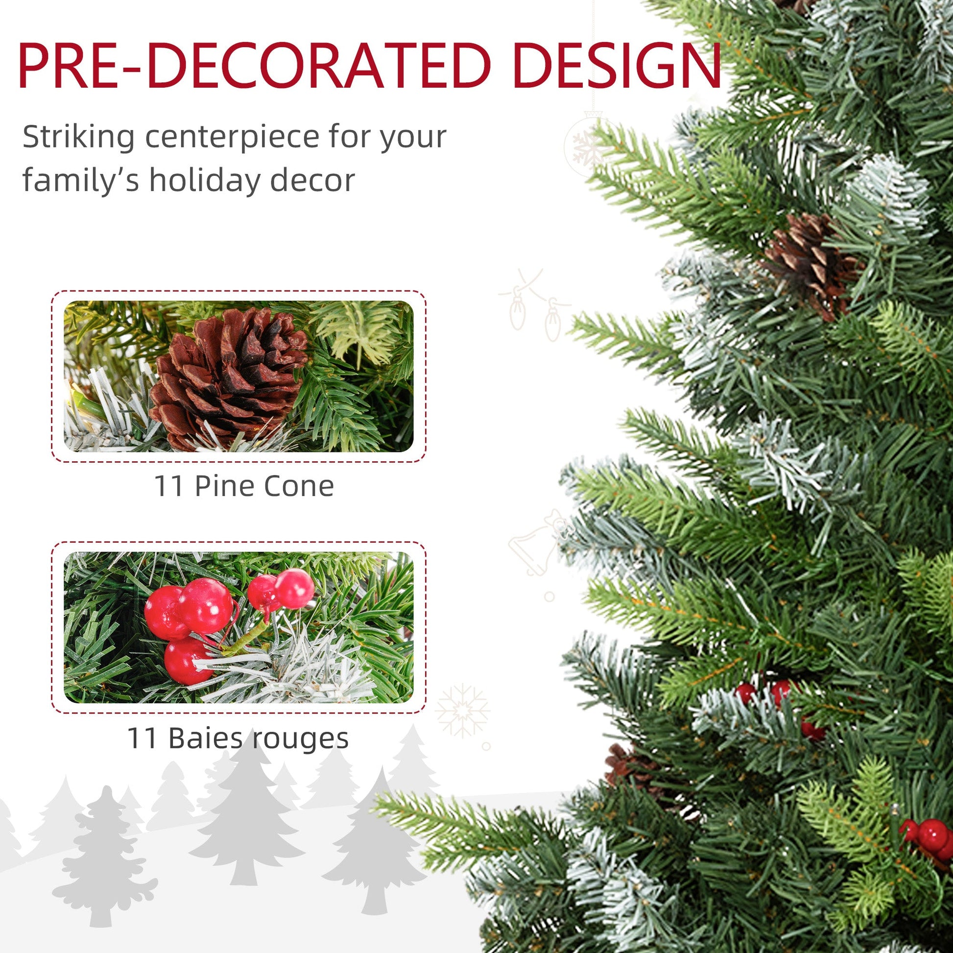 Close-up of 3ft prelit artificial Christmas tree showing red berries and natural pinecones nestled among snow-brushed green branches in rustic festive style.