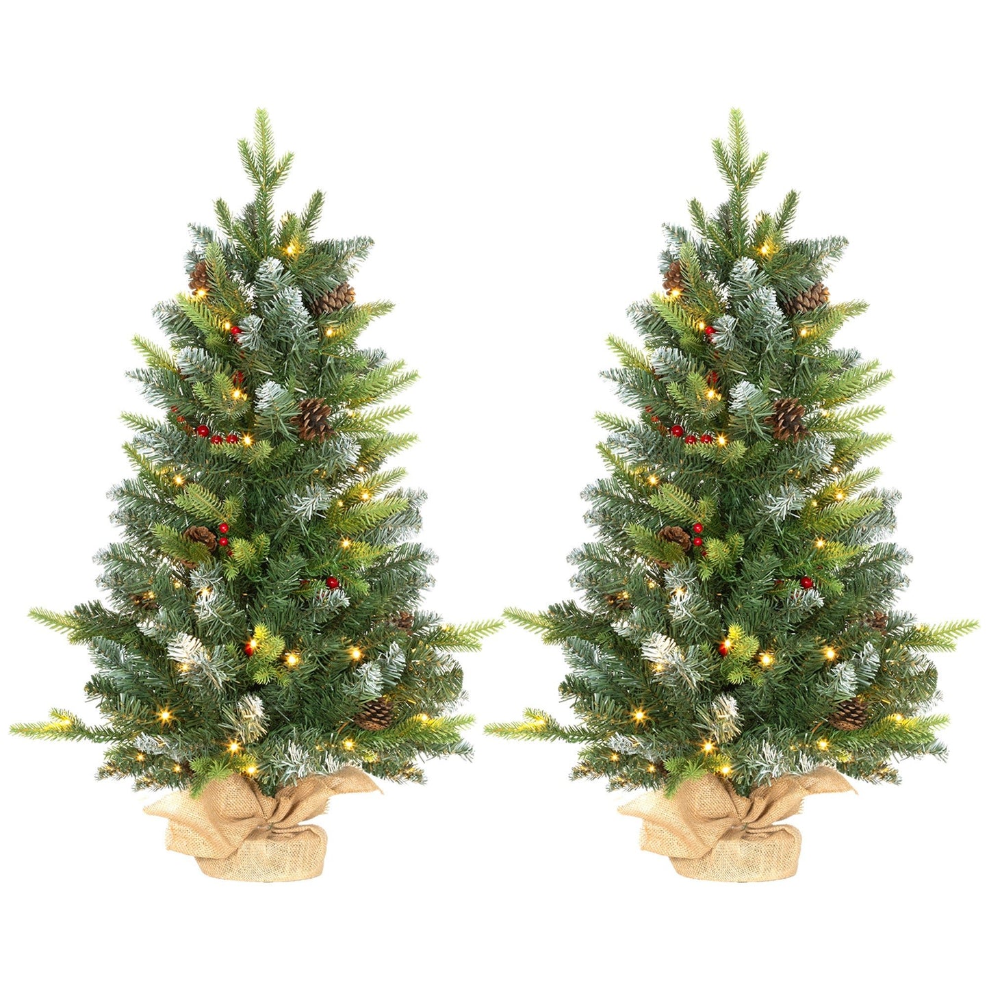 Set of two 3ft prelit artificial Christmas trees with warm white LED lights, red berries, and natural pinecones. Snow-brushed green branches in rustic style.