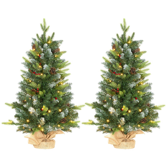Set of two 3ft prelit artificial Christmas trees with warm white LED lights, red berries, and natural pinecones. Snow-brushed green branches in rustic style.