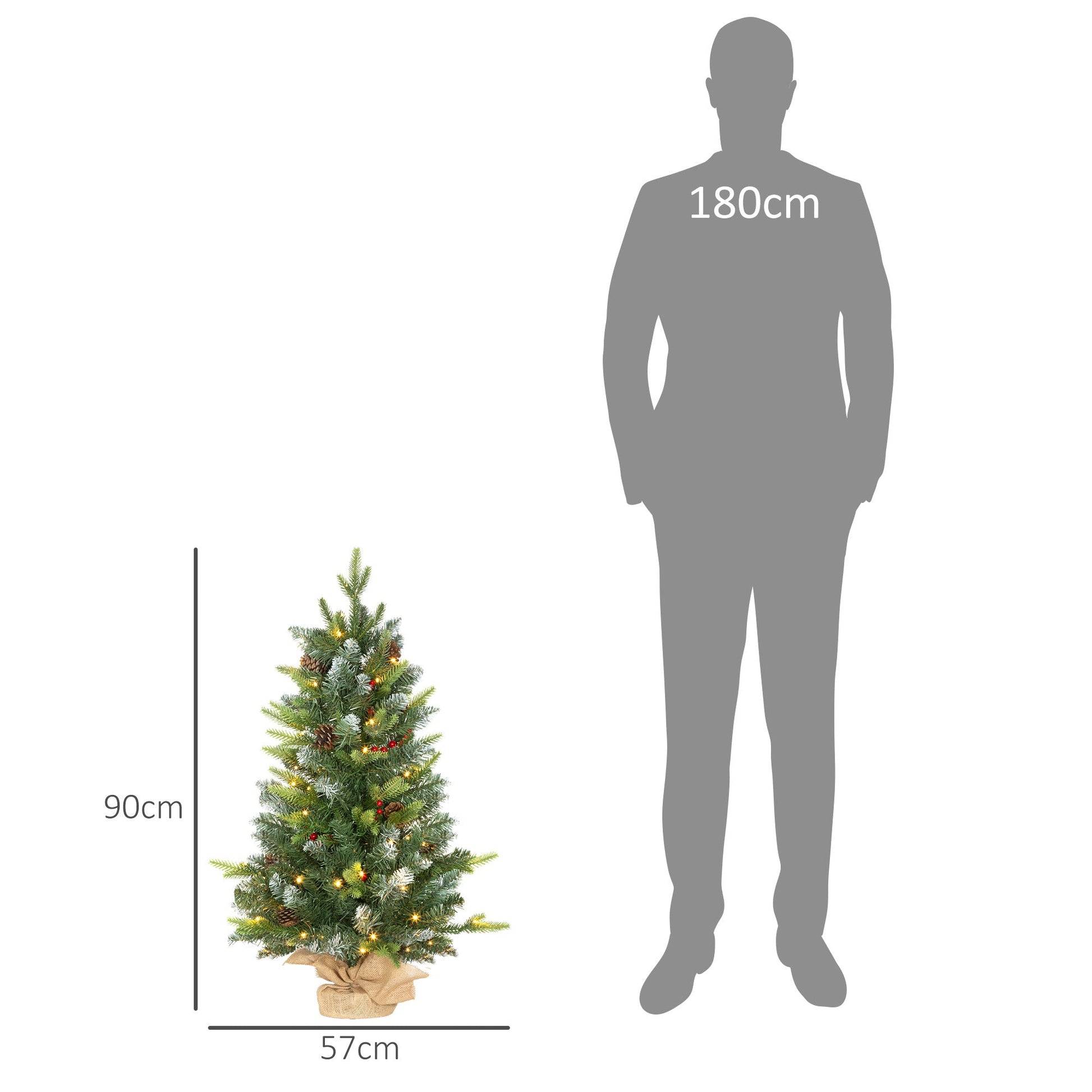 Set of two 3ft prelit artificial Christmas trees with warm white LED lights, red berries, and pinecones shown with overlaid dimensions. 90cm height and 57cm width.