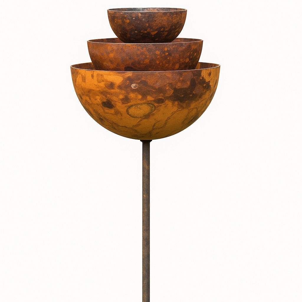 Tiered rusty rain catcher fountain with sculptural bowls on steel stake, placed in UK garden as bird feeder and climbing plant support.