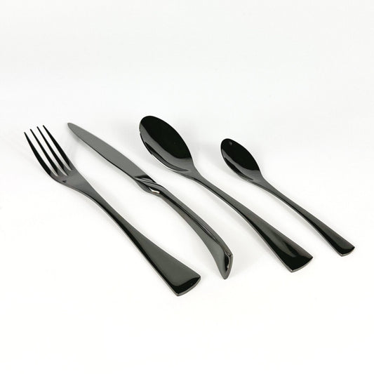 Ravenswell matte black stainless steel cutlery set isolated on blank background—minimalist styling with rustic elegance and timeless utility.