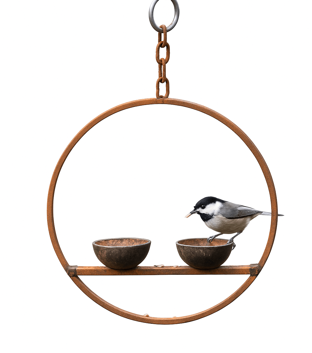 Rusted Hanging Bird Feeder Ring – Double Cup | Timeless Garden Charm - The Timeless Trading Co.