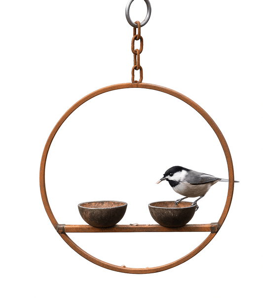 Rusted Hanging Bird Feeder Ring – Double Cup | Timeless Garden Charm - The Timeless Trading Co.