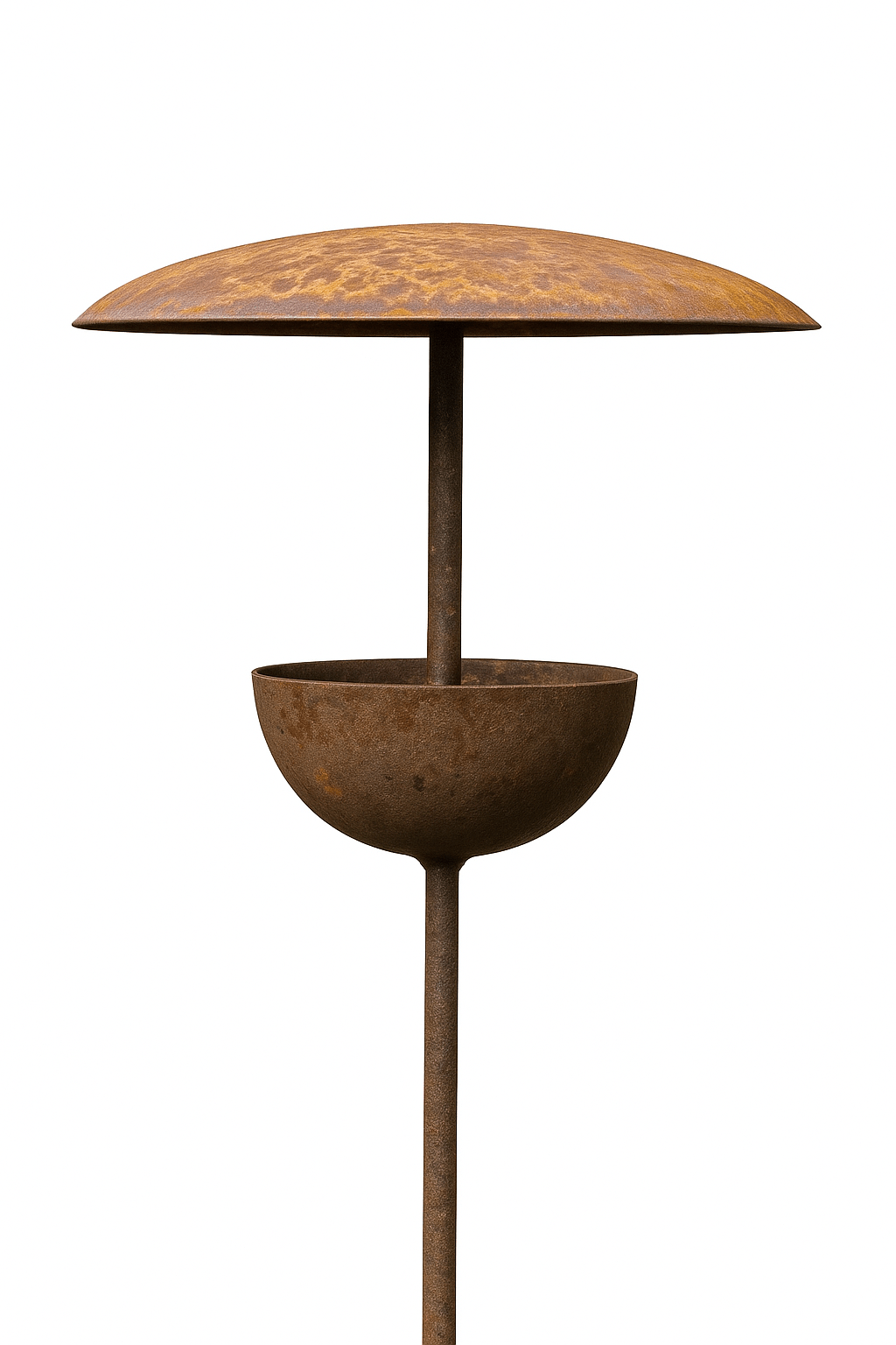 Close-up of handcrafted rusty bird feeder stake in mild steel, featuring sculptural songbird detail and natural patina. Artisan garden decor designed to age beautifully and invite wildlife.