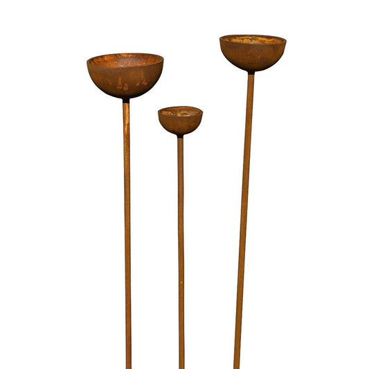 Trio of rusty rain catcher garden stakes in warm orange patina, handcrafted metal plant supports with sculptural bowls for heritage-inspired outdoor styling.