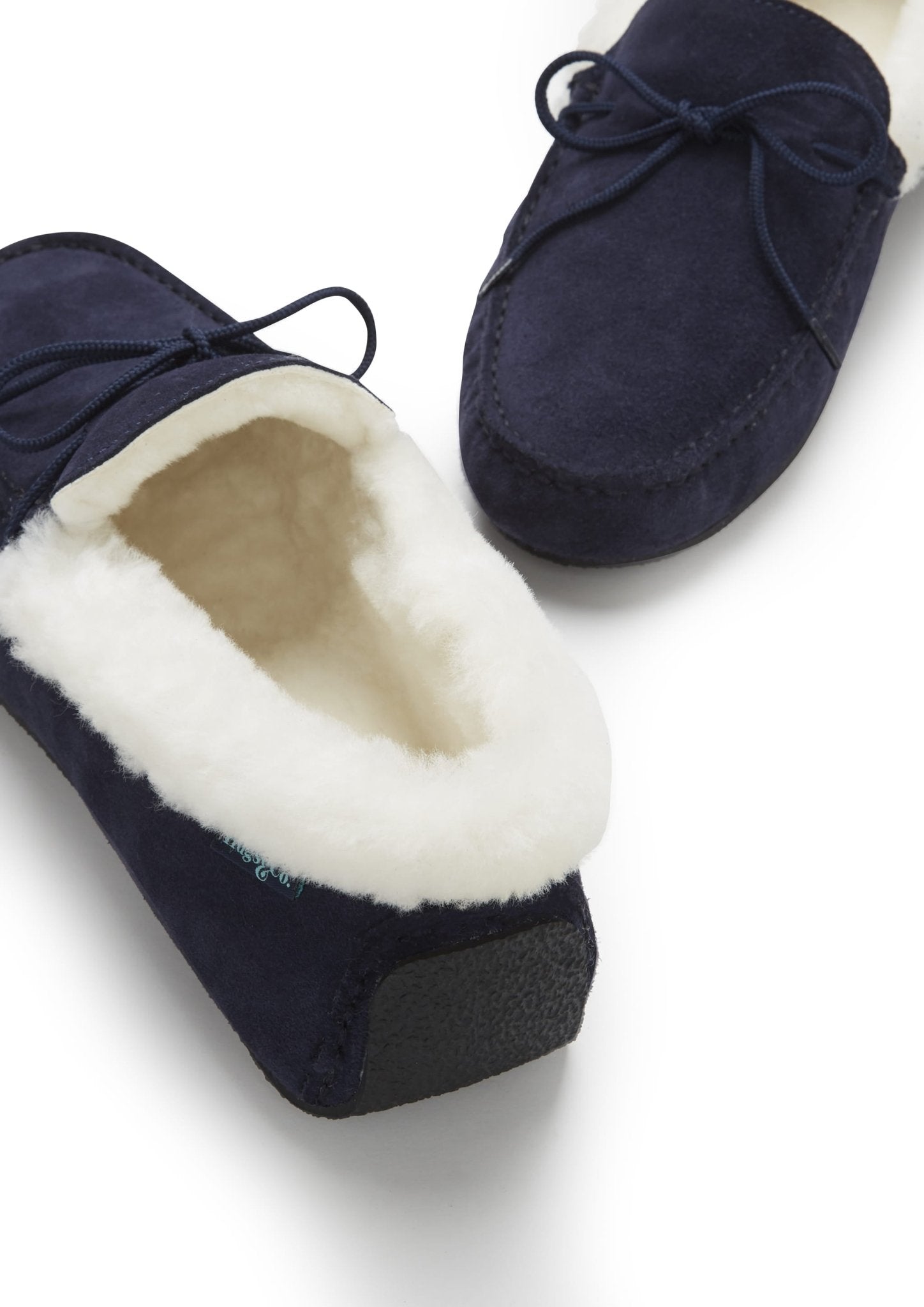 Slippers, sheepskin, navy blue suede - The Timeless Trading Co.