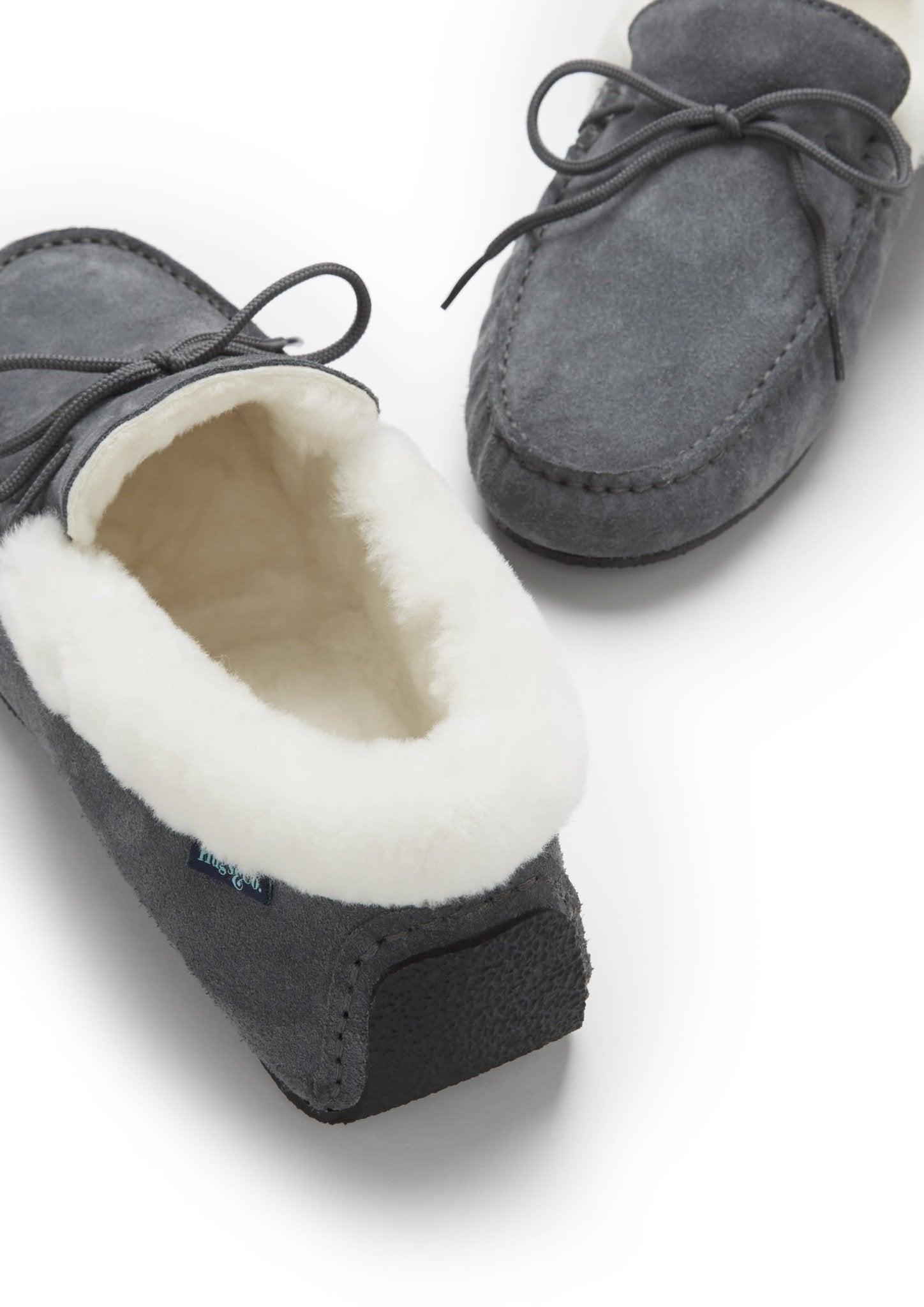 Slippers, sheepskin, slate grey suede - The Timeless Trading Co.