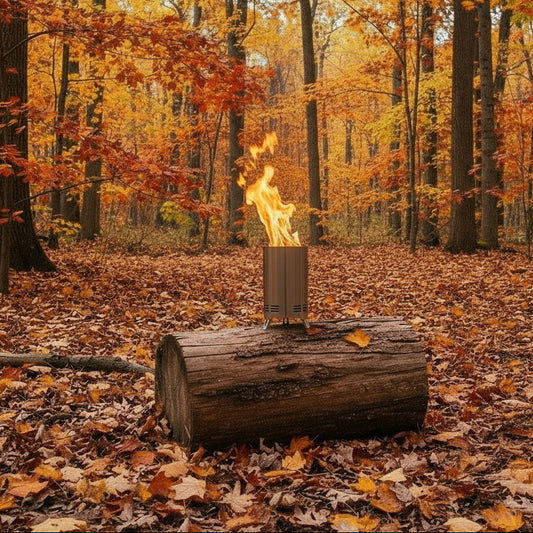 25cm smokeless fire pit in silver stainless steel, glowing in autumn forest setting for soulful outdoor warmth and seasonal family gatherings