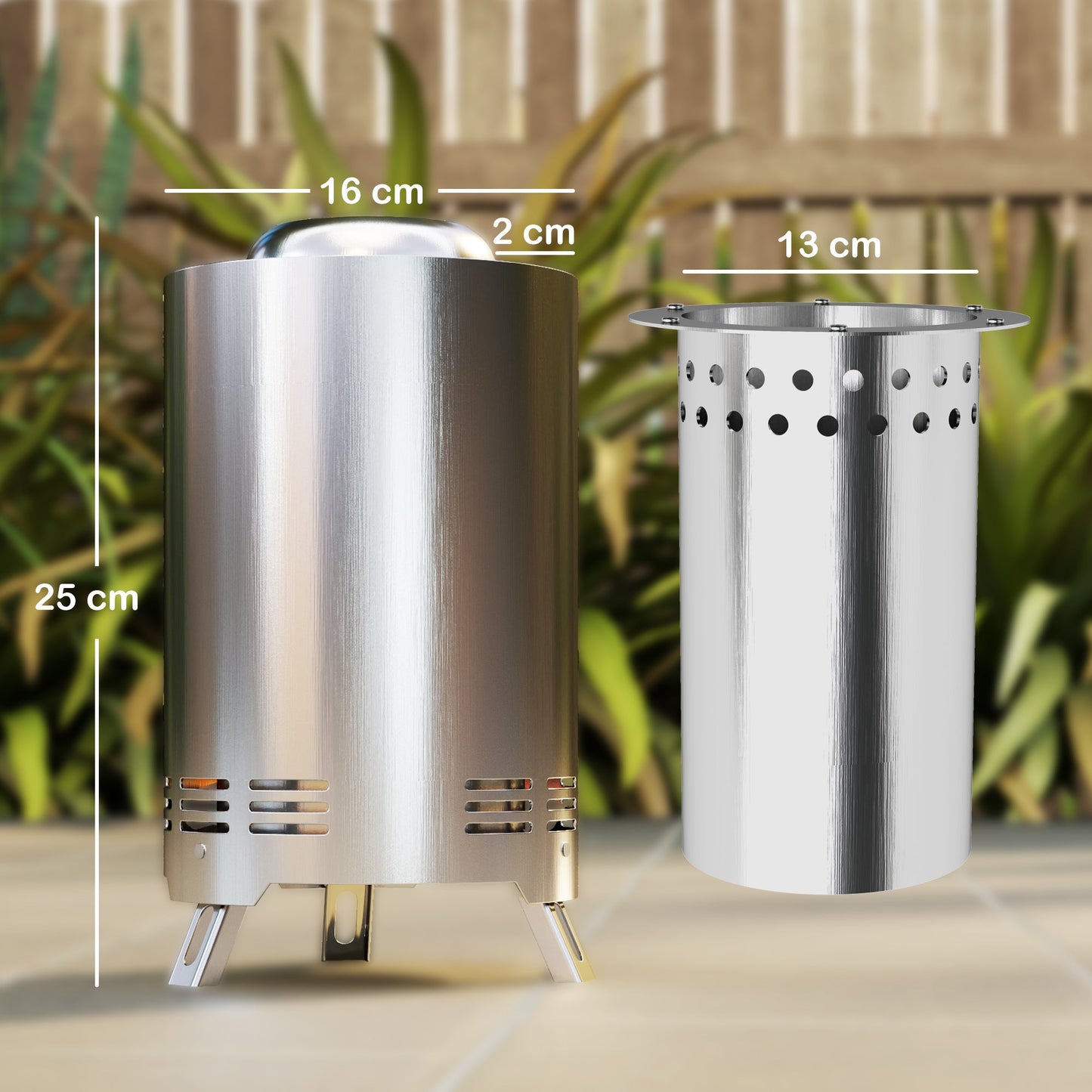 Dimensions of 25cm smokeless fire pit in silver stainless steel, compact outdoor heater design for garden warmth and seasonal gatherings
