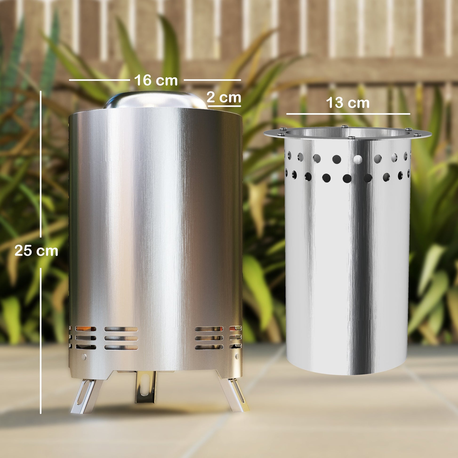 Dimensions of 25cm smokeless fire pit in silver stainless steel, compact outdoor heater design for garden warmth and seasonal gatherings