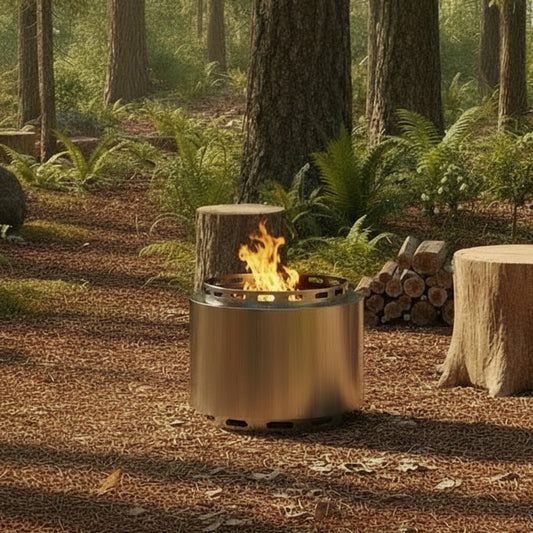 48.5cm smokeless fire pit in forest setting, silver stainless steel design for rustic outdoor warmth and woodland garden gatherings