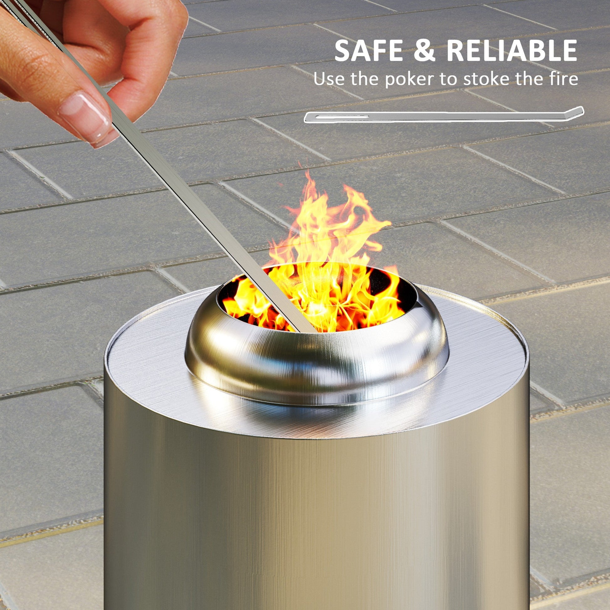 25cm smokeless fire pit in silver stainless steel with poker in use, compact garden heater for safe stoking and soulful outdoor gatherings