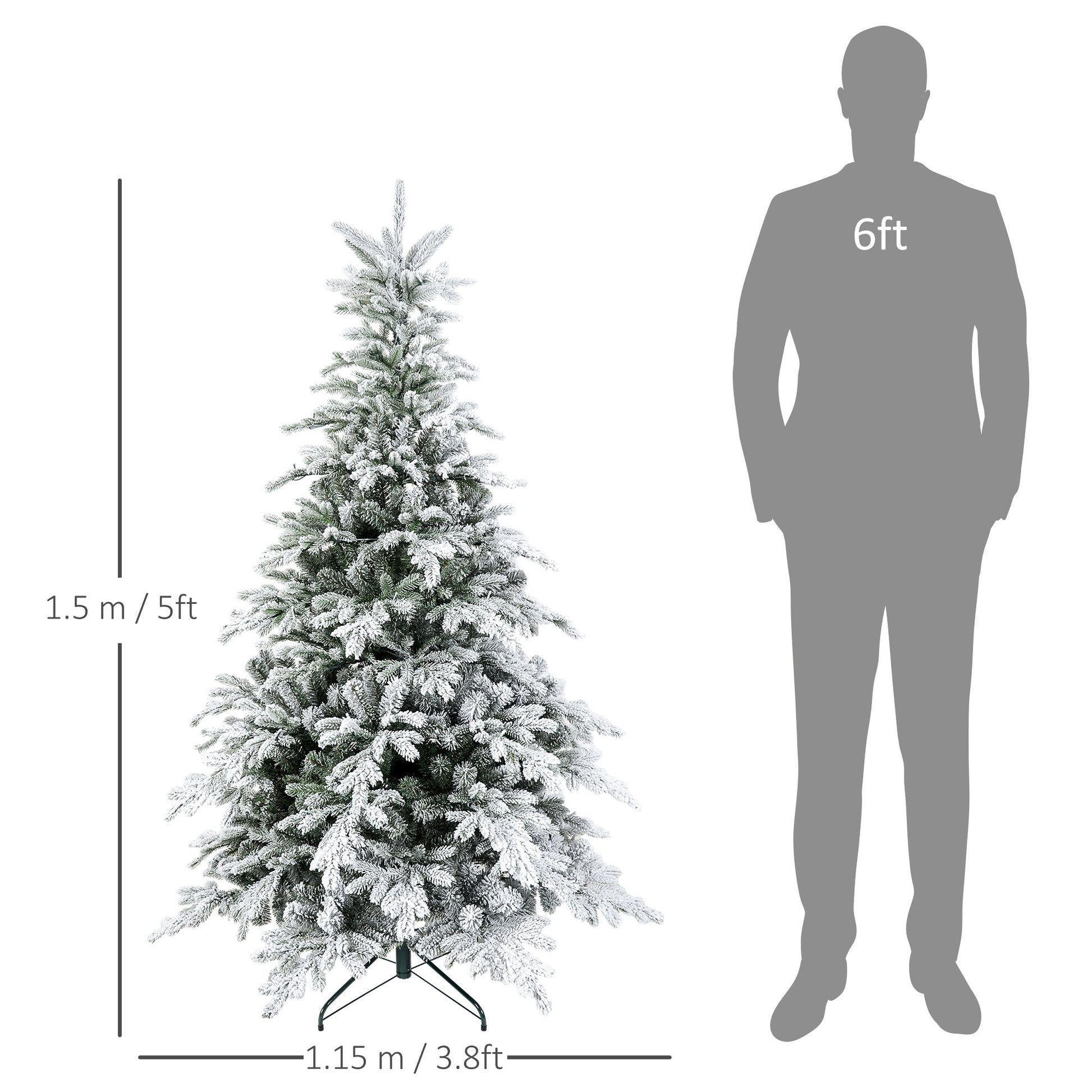 5ft snow-flocked artificial Christmas tree with warm white LED lights shown with overlaid dimensions. Full bushy silhouette and heritage-inspired festive styling.