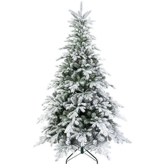 5ft snow-flocked artificial Christmas tree with warm white LED lights, shown on a blank background. Bushy silhouette with soft white branches and heritage styling.