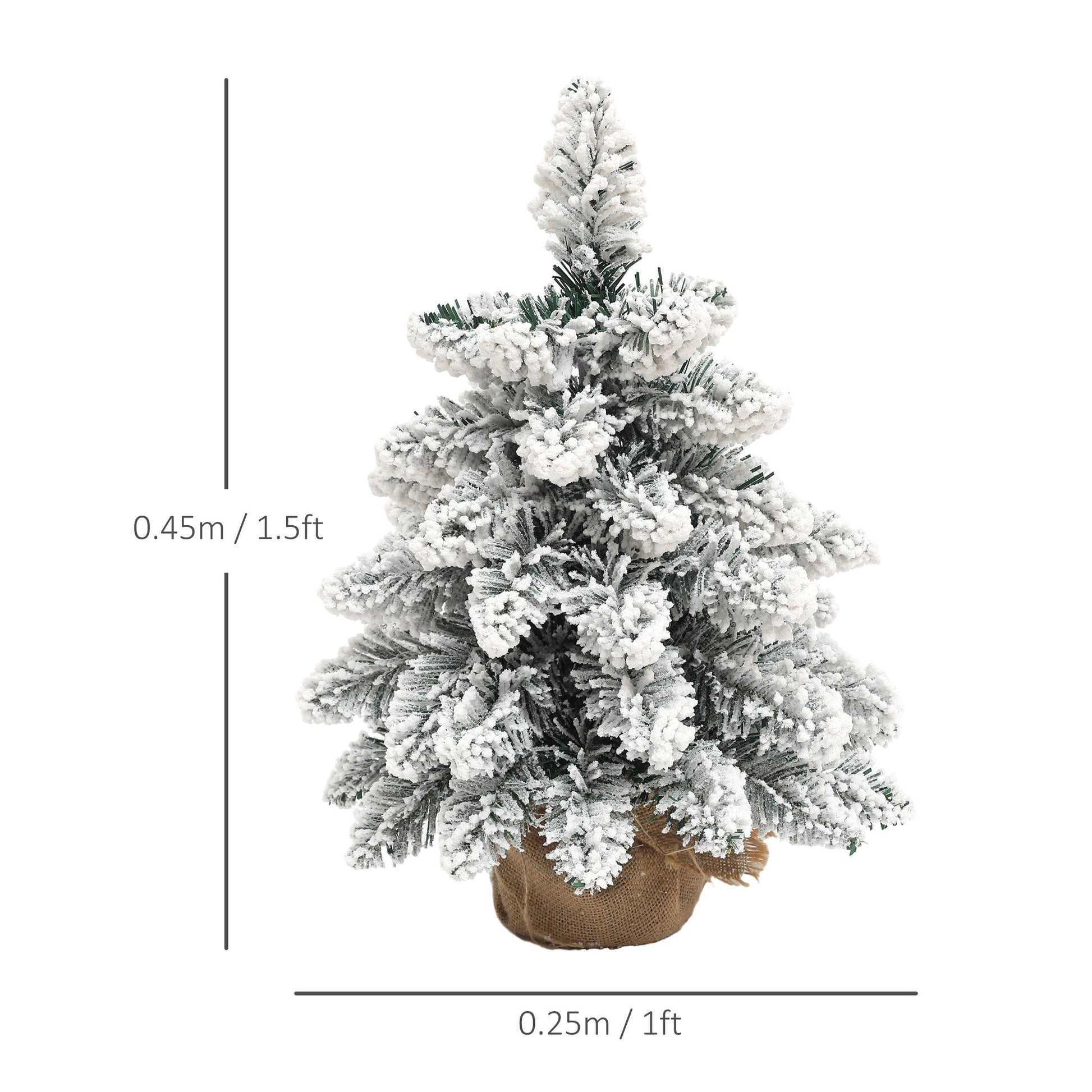 Set of two 1.5ft snow-flocked tabletop Christmas trees with warm white LED lights shown with overlaid dimensions. Linen-wrapped bases and rustic styling.