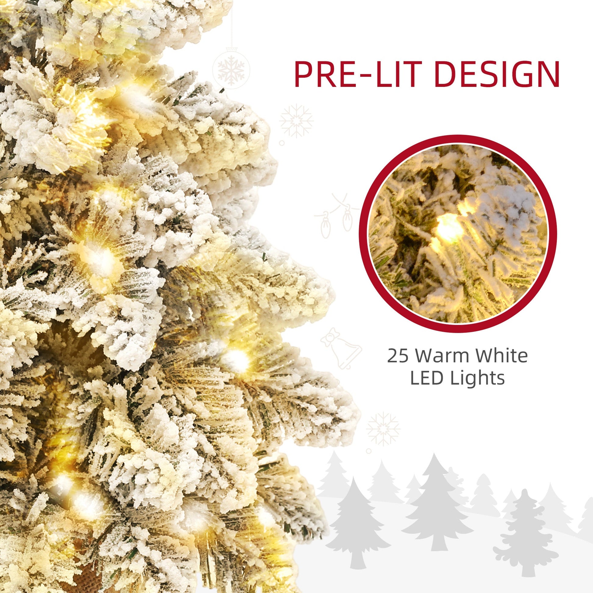 Set of two 1.5ft snow-flocked tabletop Christmas trees with warm white LED lights shown illuminated. Pre-lit design with linen-wrapped bases and rustic festive styling.