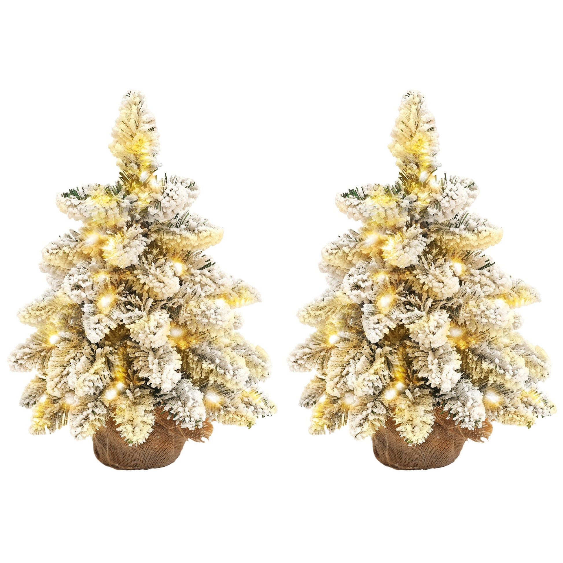 Set of two 1.5ft snow-flocked tabletop Christmas trees with warm white LED lights styled together