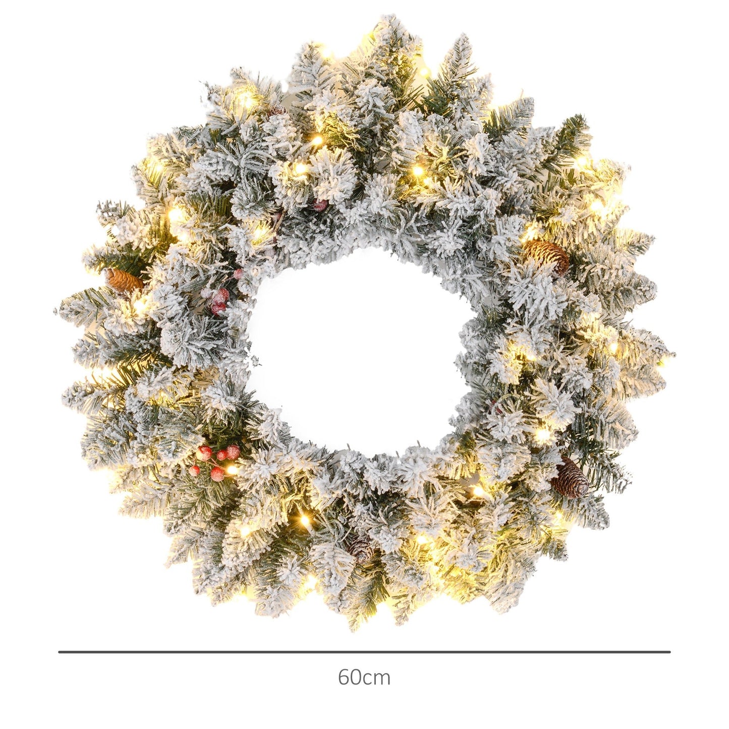 Close-up of snowy 60-inch Christmas wreath with pinecones, berries & warm LED lights — lifelike branches with visible depth and festive scale.