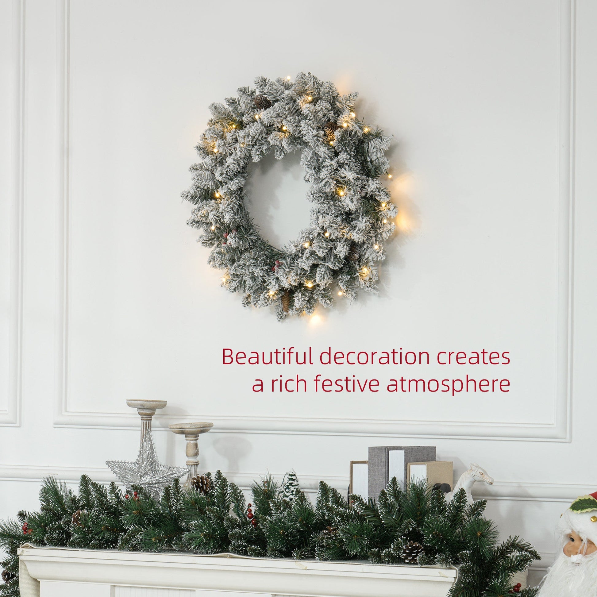 Beautiful snowy 60-inch Christmas wreath with pinecones, berries & warm LED lights — lifelike branches styled to create a rich festive atmosphere.