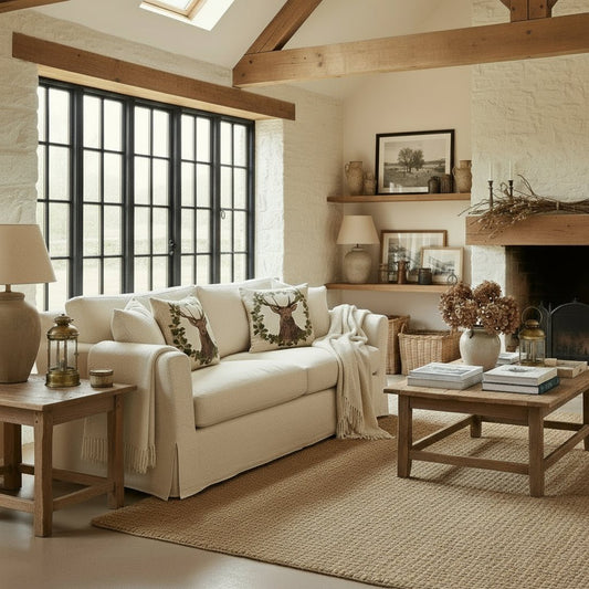 Two stag beige tapestry cushions styled in a rustic country room with natural tones, soft textures, and heritage-inspired decor.