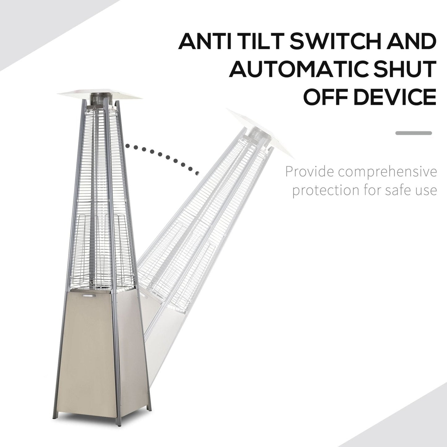 Stainless steel flame tower patio heater with automatic shut-off device, silver freestanding 10.5KW garden heater with built-in safety feature