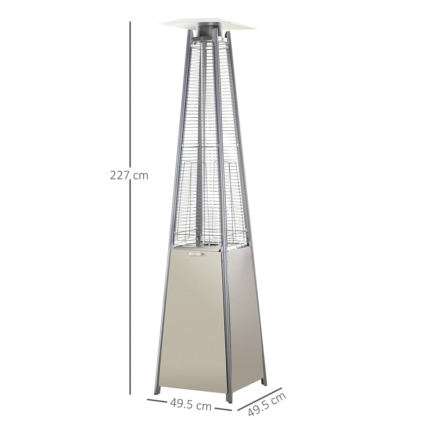 Dimensions of stainless steel flame tower patio heater, freestanding 10.5KW silver garden heater