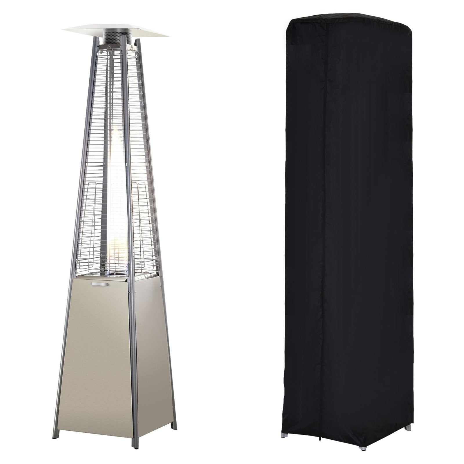 Stainless steel flame tower patio heater in silver, freestanding 10.5KW design for rustic garden warmth and winter outdoor gatherings